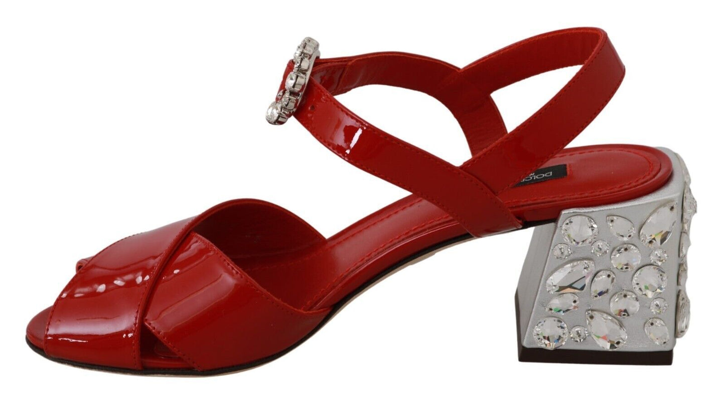 Red Leather Crystal Heels Sandals