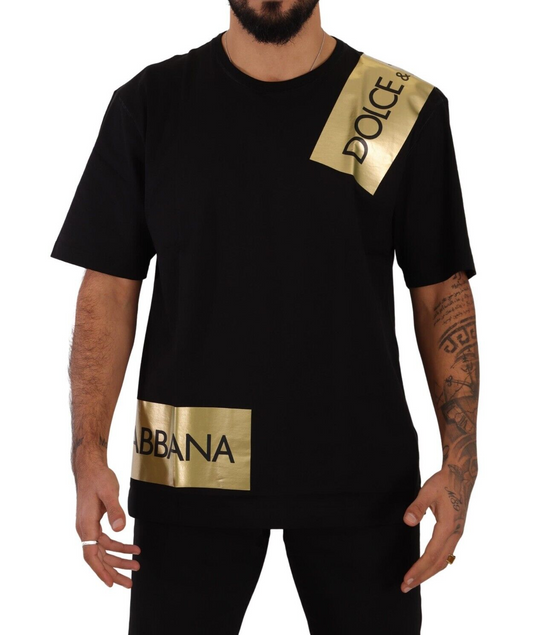 Elegant Black Cotton Tee with Gold Logo