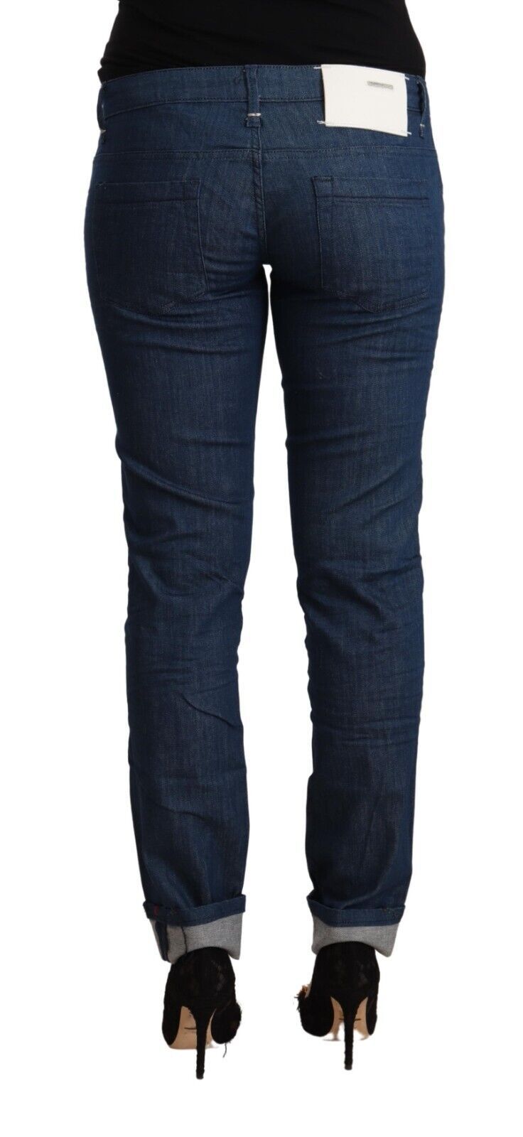 Blue Cotton Low Waist Skinny Denim Folded Hem Jeans