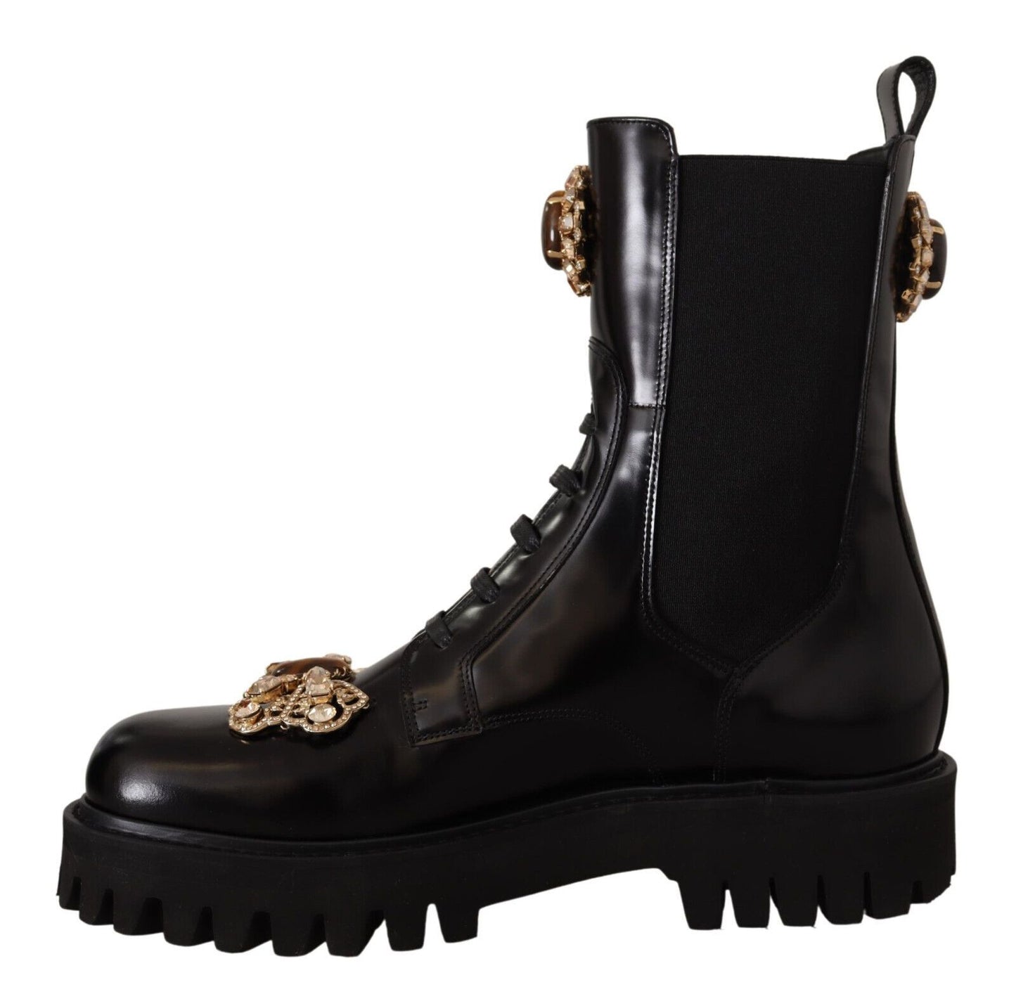 Crystal-Embellished Mid-Calf Combat Boots