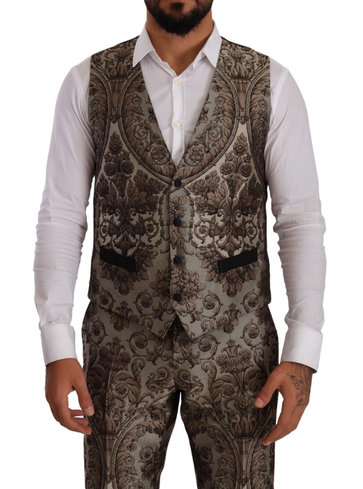 Elegant Brown Gray Jacquard Men's Suit