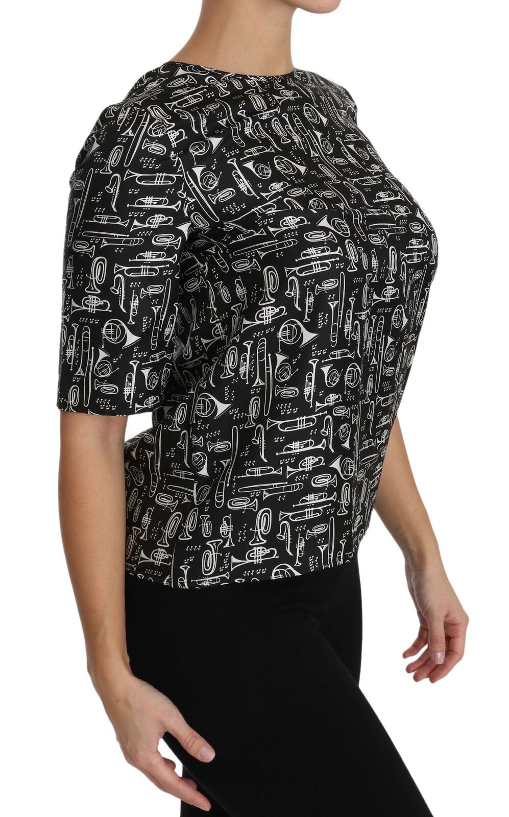 Black Musical Instruments Print Silk Blouse