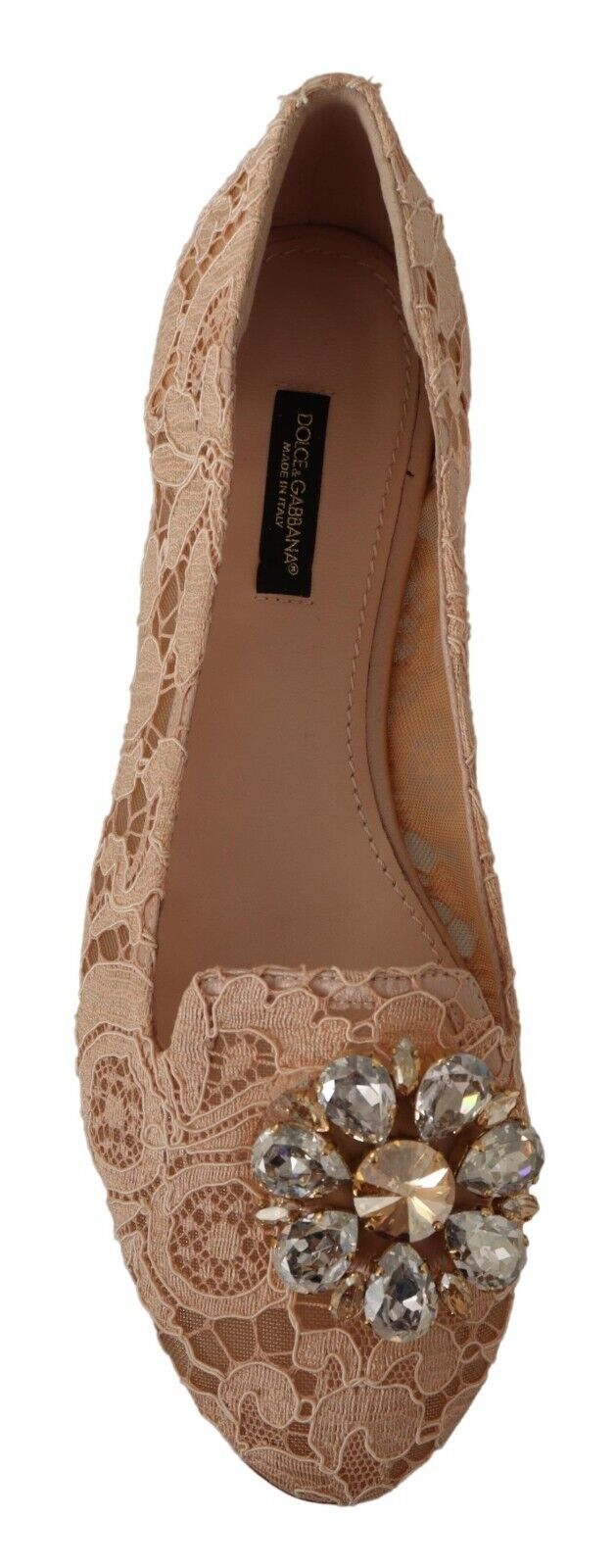 Elegant Beige Lace Ballet Flats with Crystal Buckle