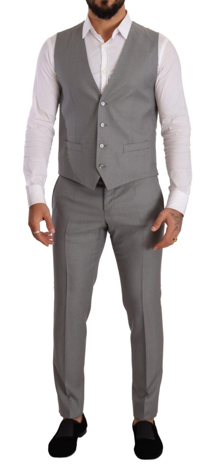 Elegant Grey Slim Fit Wool Silk 3 Piece Suit