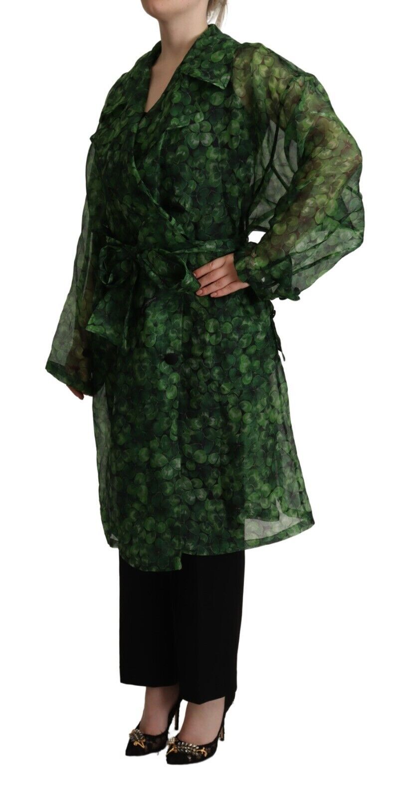 Silken Elegance Long Coat Jacket in Green