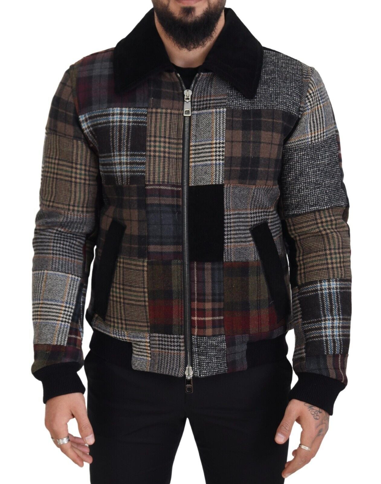 Multicolor Plaid Bomber Jacket with Luxe Blend