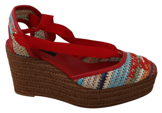 Multicolor Raffia Wedge Heels Sandals