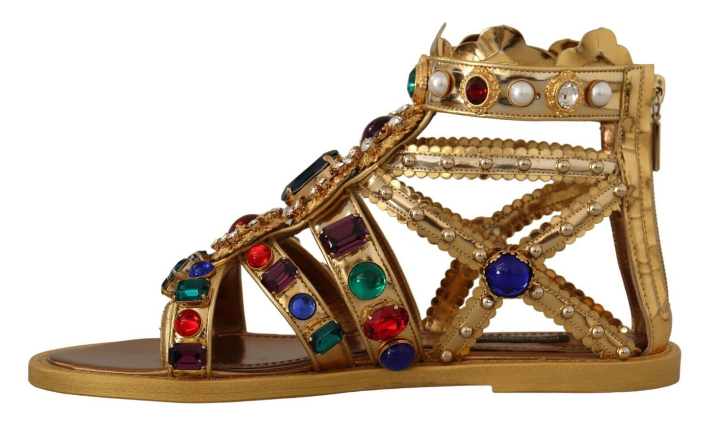 Elegant Gold Crystal-Embellished Flat Sandals