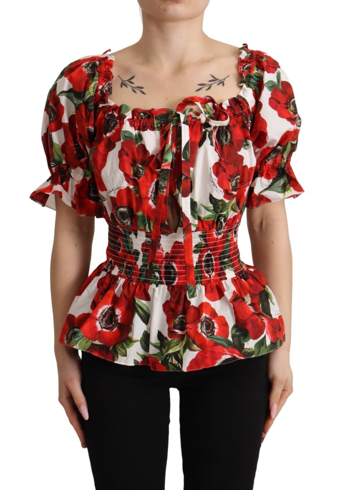 Red Anemone Print Elastic Waist Blouse Top