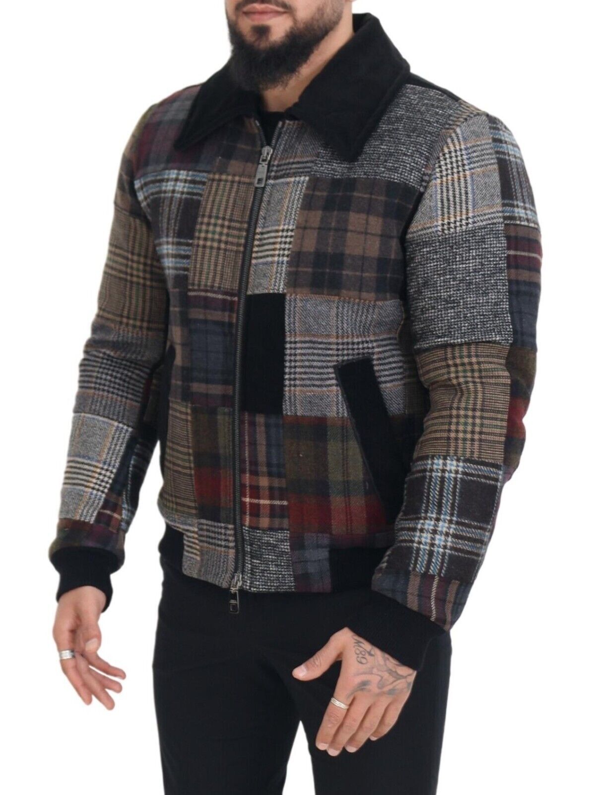 Multicolor Plaid Bomber Jacket with Luxe Blend