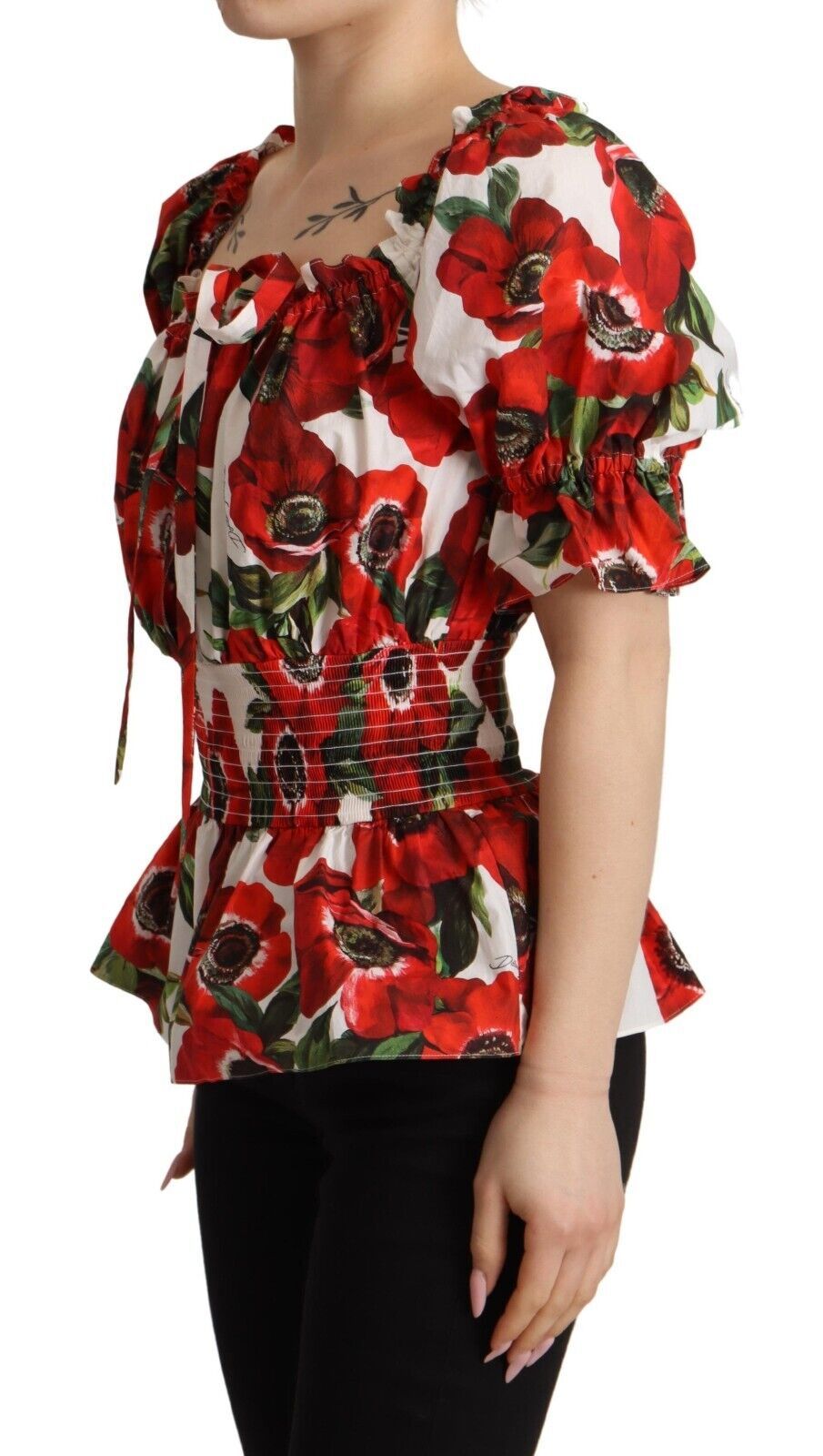 Red Anemone Print Elastic Waist Blouse Top