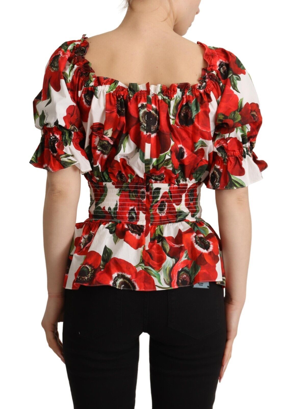 Red Anemone Print Elastic Waist Blouse Top