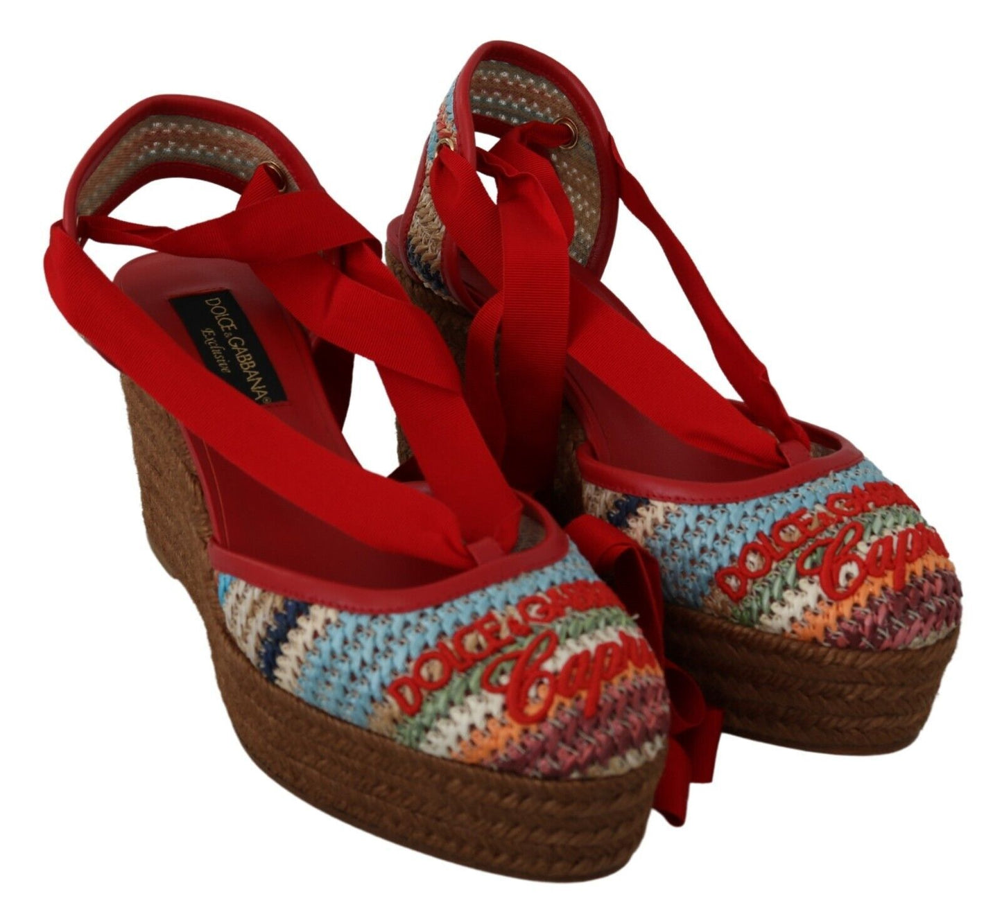 Multicolor Raffia Wedge Heels Sandals