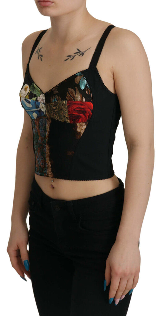 Black Patchwork Sicily Blouse Corset Cropped Top