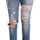 Blue Distressed Cotton Denim Skinny Jeans