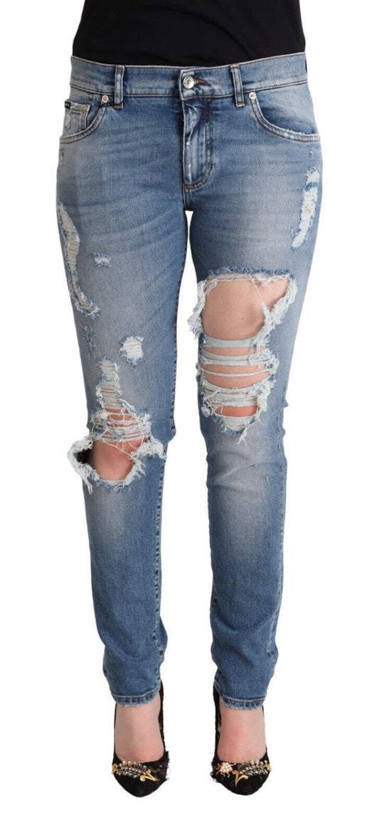 Blue Distressed Cotton Denim Skinny Jeans