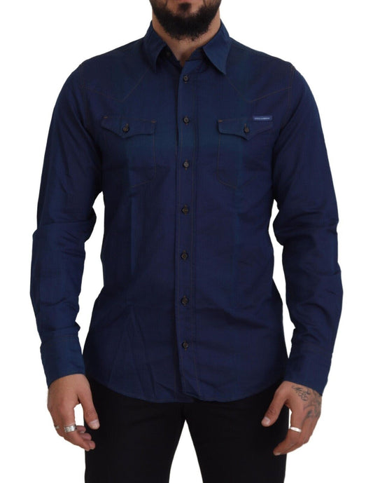 Elegant Blue Slim Fit Cotton Dress Shirt