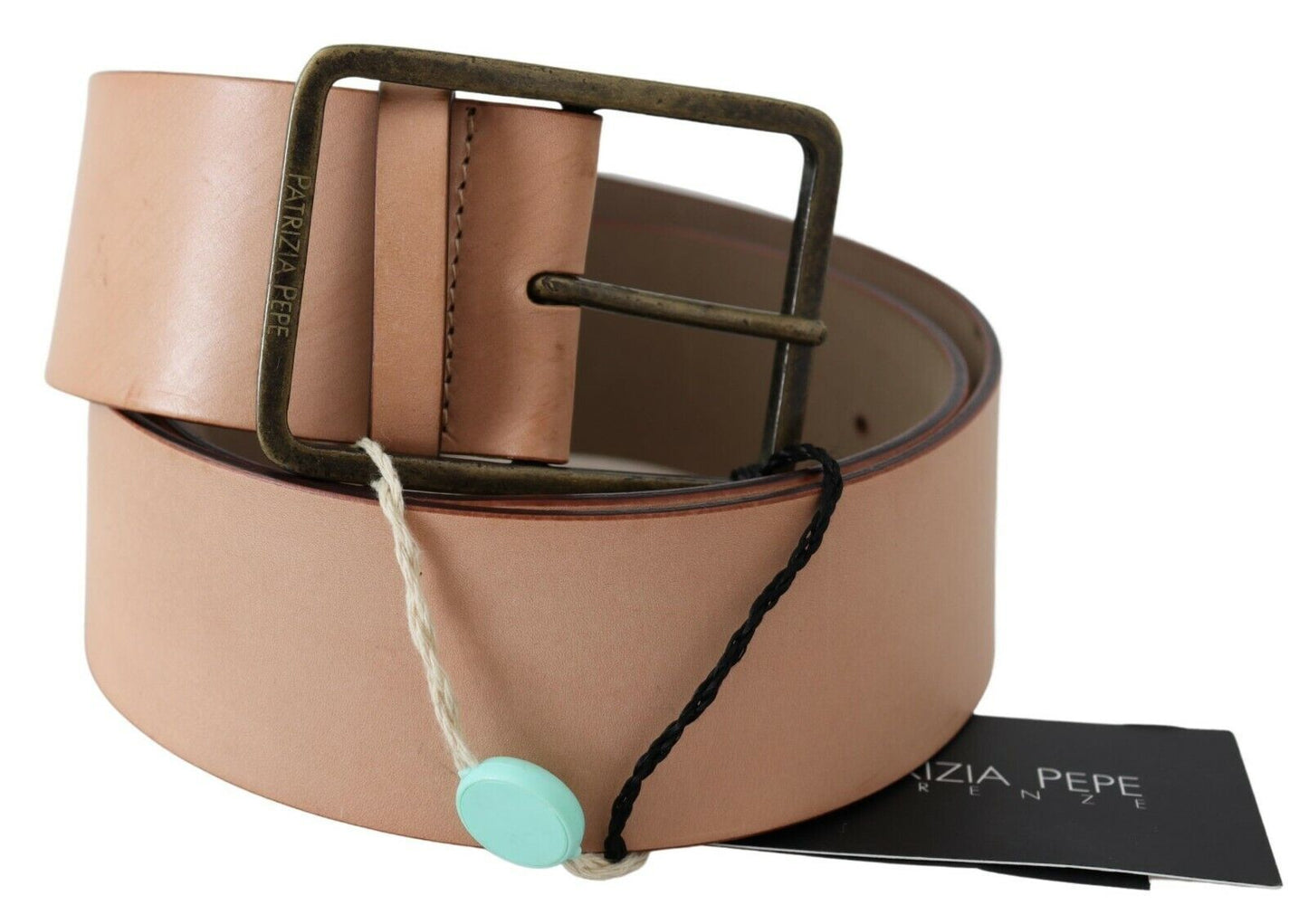 Elegant Leather Waist Belt in Peach with Logo Buckle