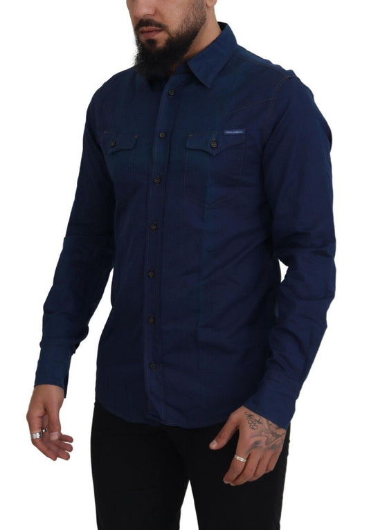 Elegant Blue Slim Fit Cotton Dress Shirt