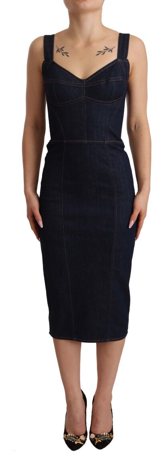 Dark Blue Cotton Denim Sheath Midi Dress