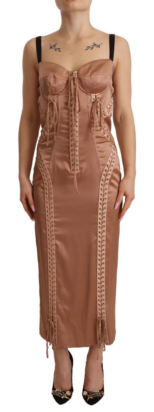 Nude Silk Bustier Corset Lace Up Bodycon Dress