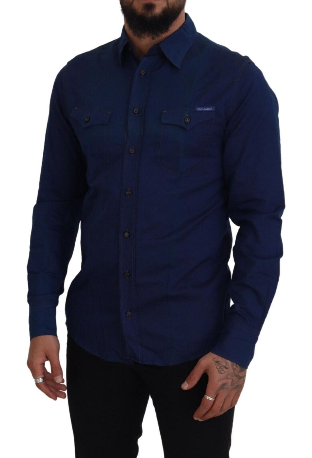 Elegant Blue Slim Fit Cotton Dress Shirt