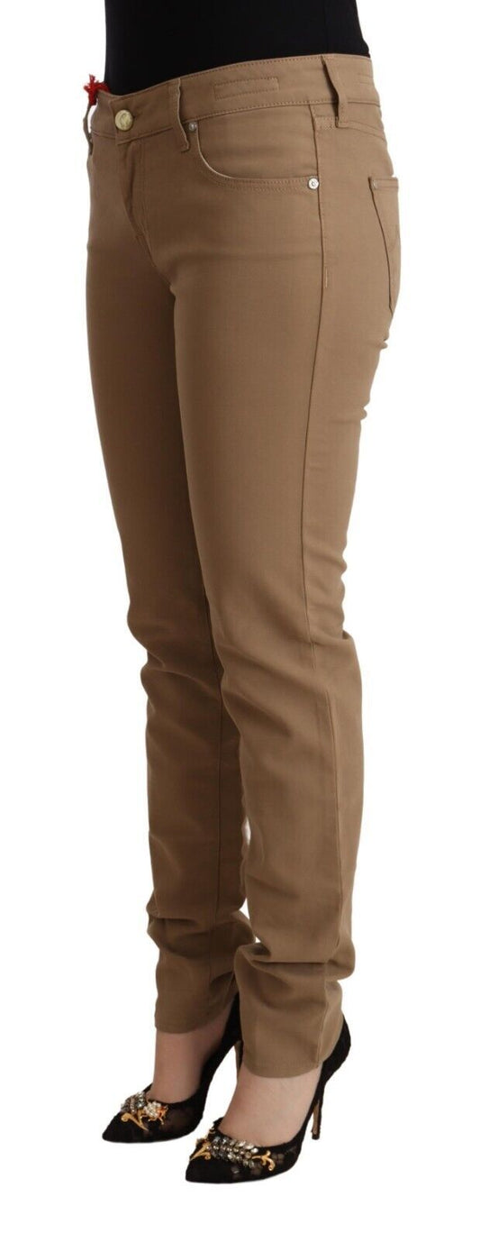 Brown Cotton Stretch Mid Waist Skinny Pants