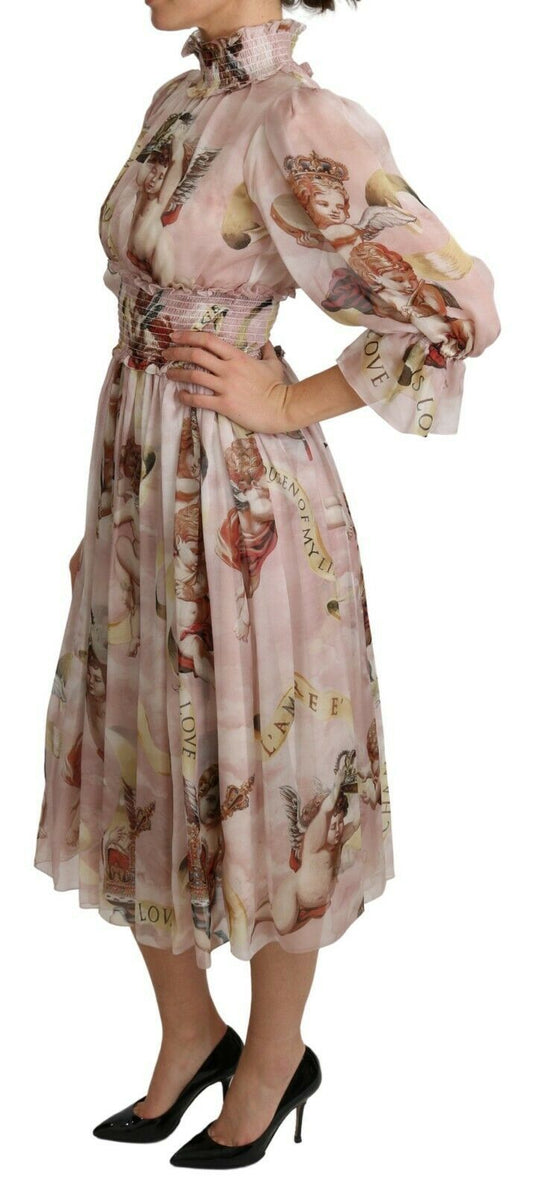 Elegant Pink Angel Print Midi Dress