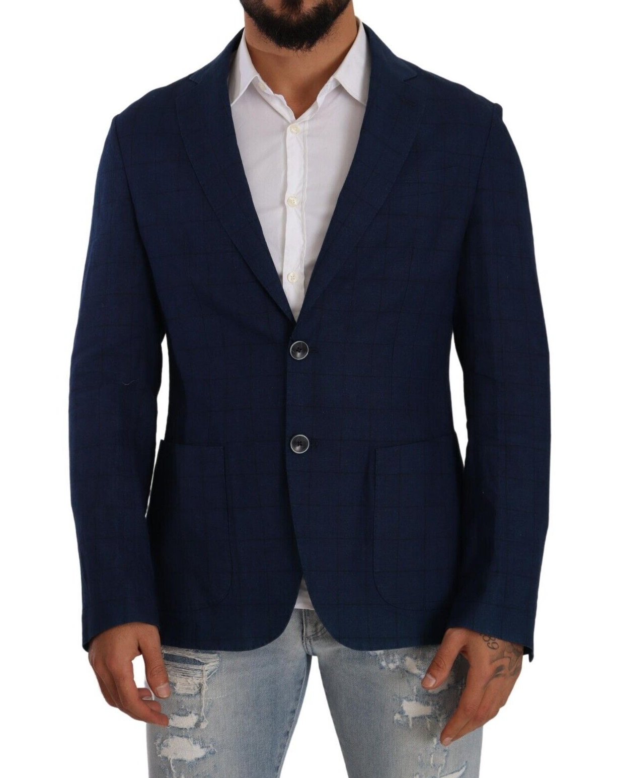 Navy Blue Check Single Breasted Blazer