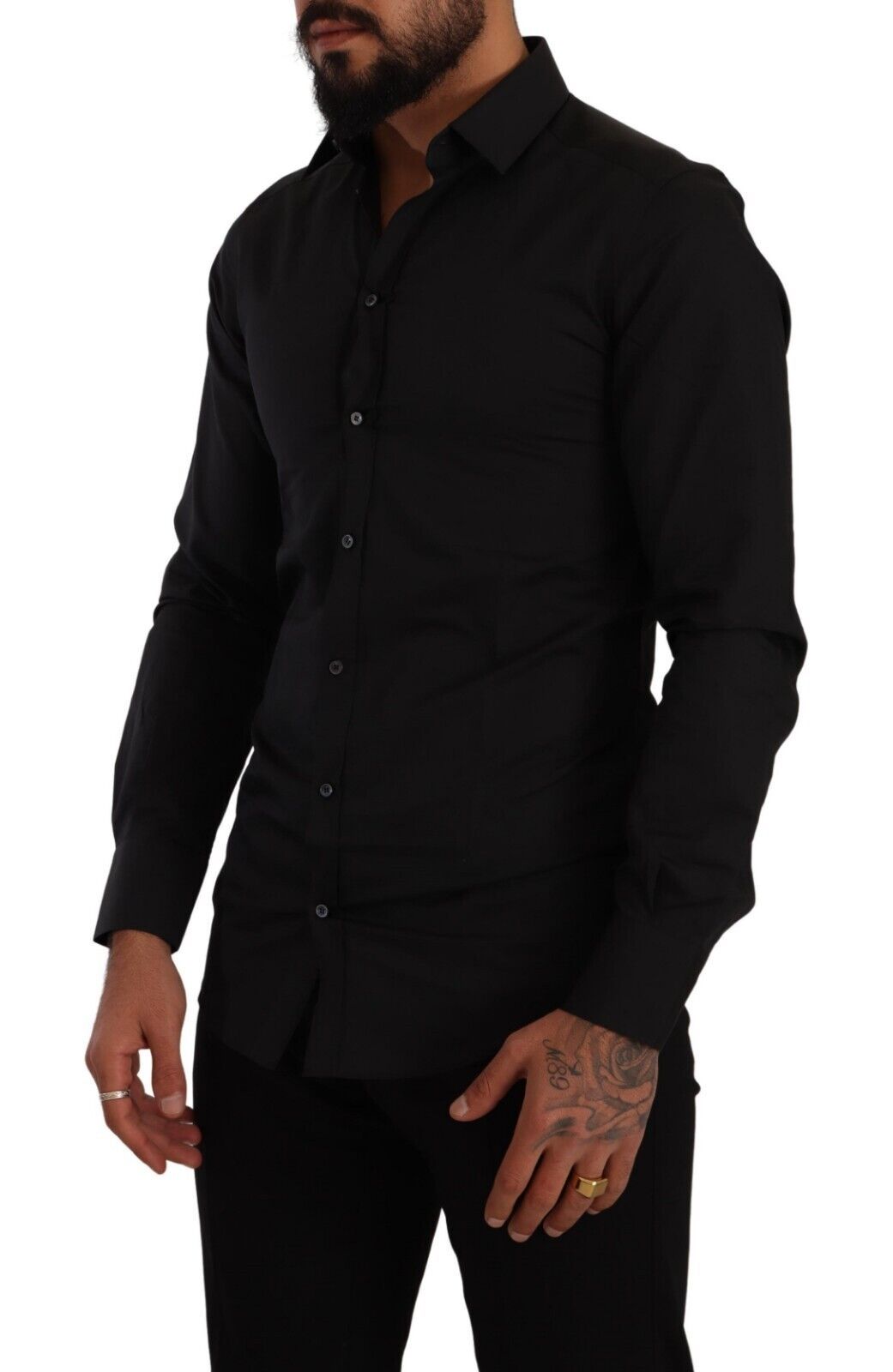 Elegant Slim Fit Black Cotton Silk Dress Shirt