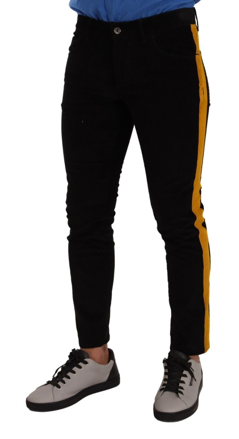 Slim Fit Black Denim Jeans with Yellow Stripe