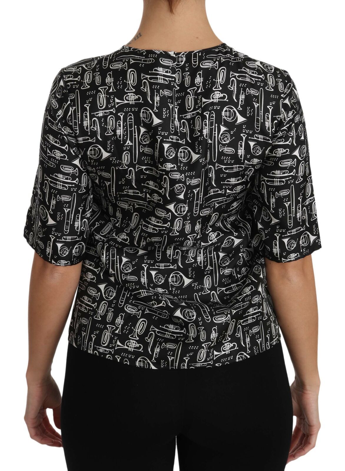 Black Musical Instruments Print Silk Blouse