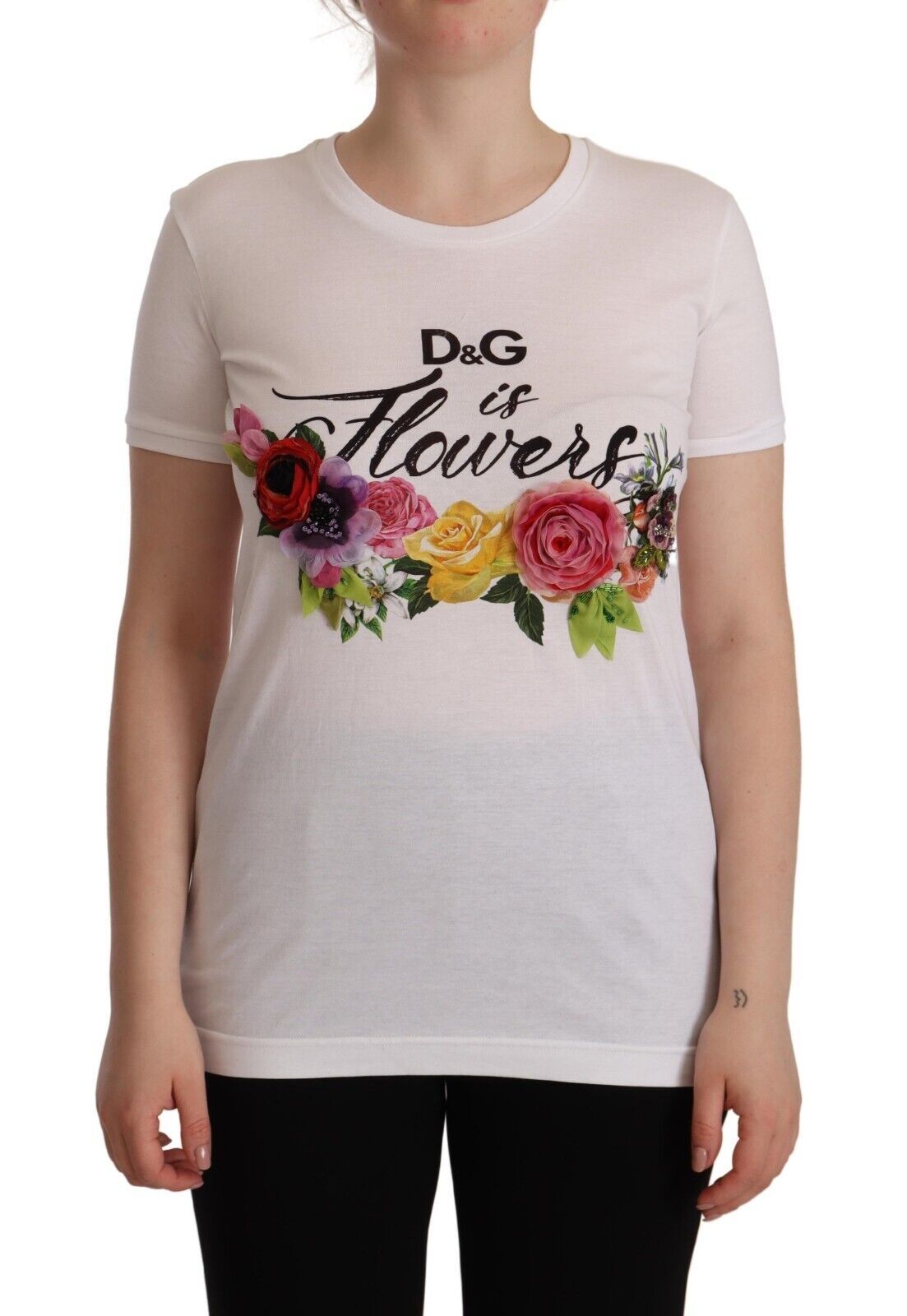 Elegant Floral Crystal-Embellished White Tee