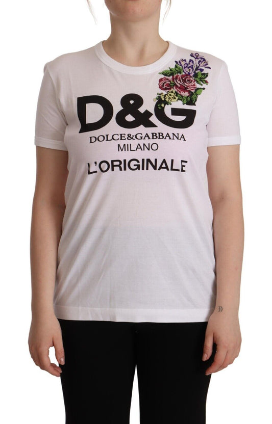 Elegant Floral Embroidered Crew Neck Tee