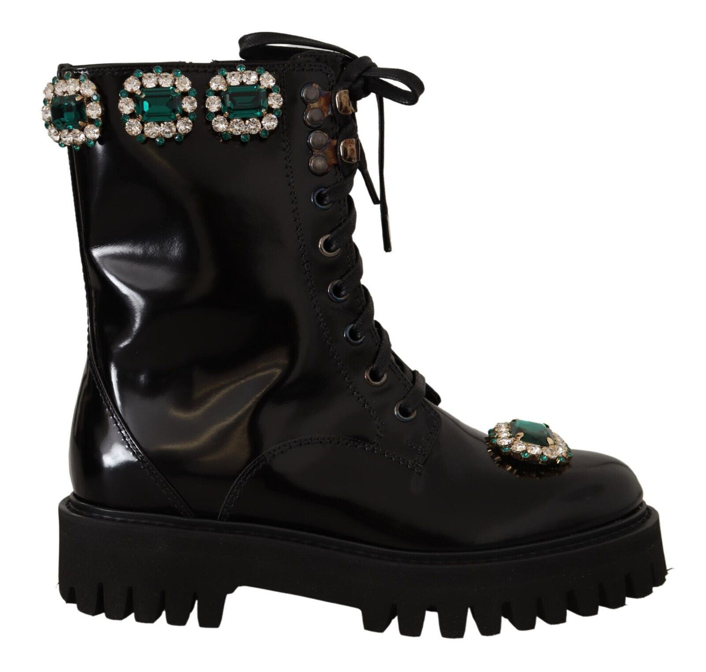 Elegant Mid-Calf Combat Boots with Crystals