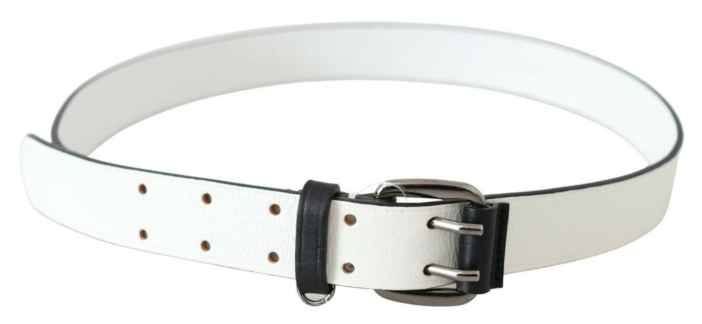 White Genuine Leather Silver Buckle Waist Belt