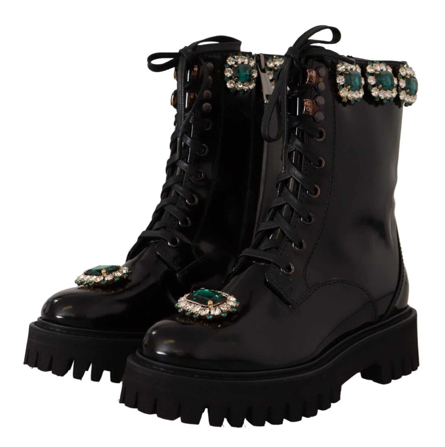 Elegant Mid-Calf Combat Boots with Crystals