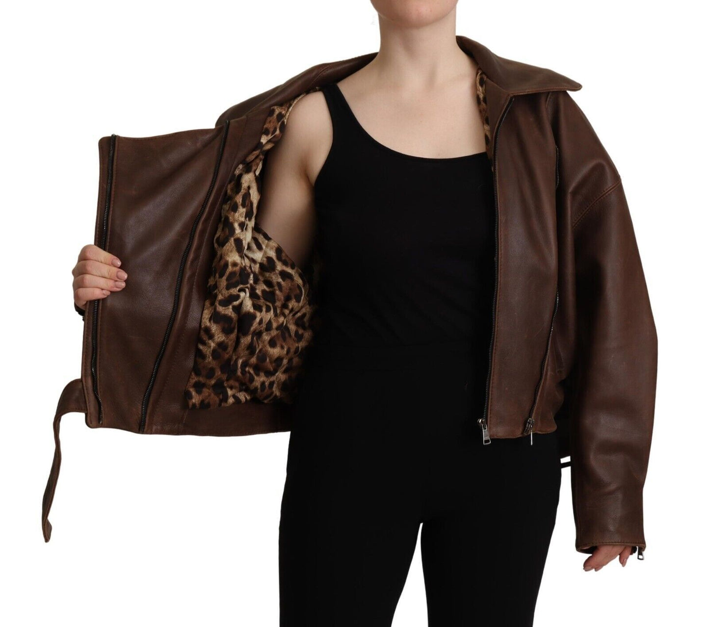 Elegant Leather Biker Jacket in Brown