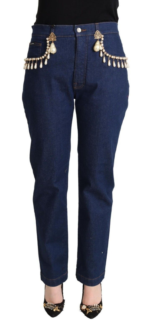 Elegant Tapered Denim with Faux Pearl Adornment