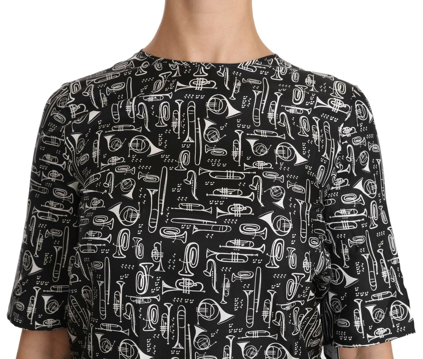 Black Musical Instruments Print Silk Blouse