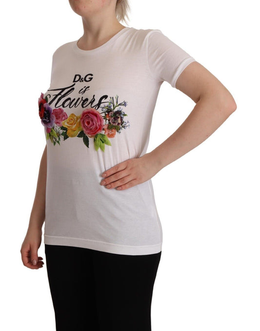 Elegant Floral Crystal-Embellished White Tee