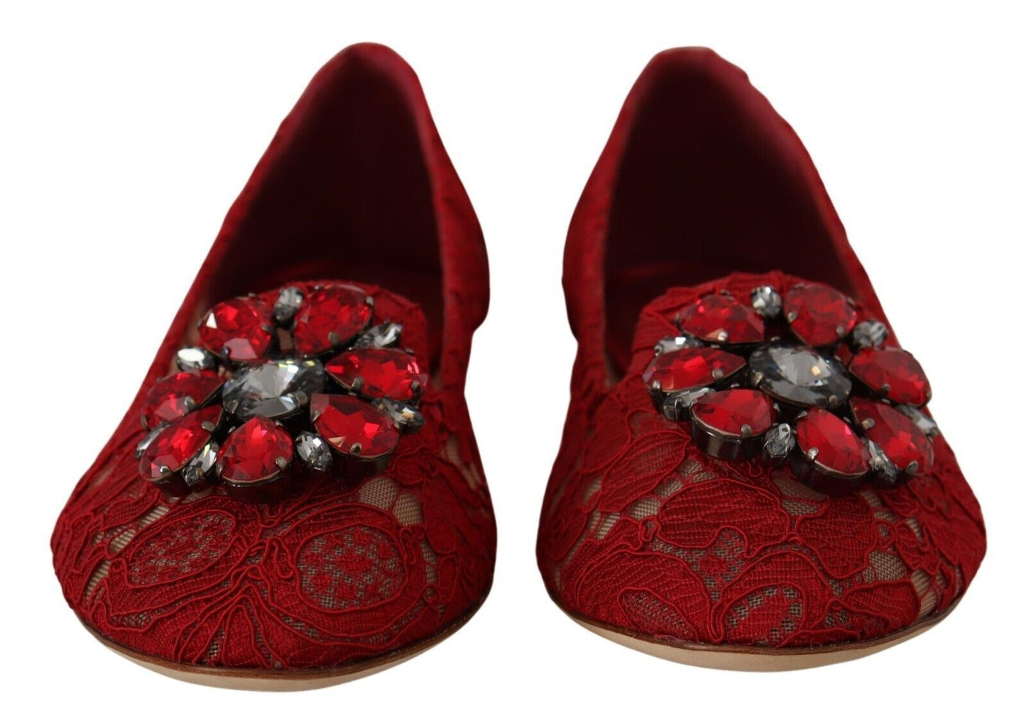 Radiant Red Lace Ballet Flats with Crystal Buckle