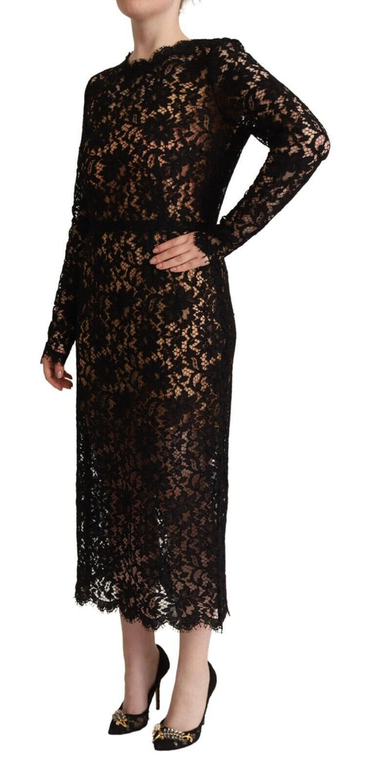 Black Floral Lace Cotton Midi Sheath Dress