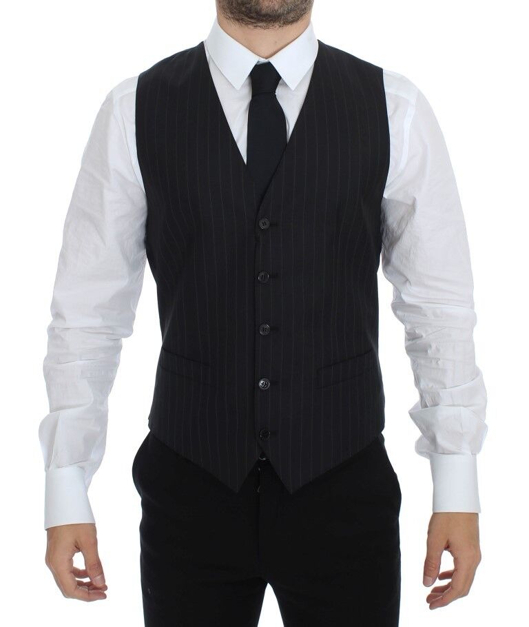 Black Striped Wool Silk Dress Vest Gilet