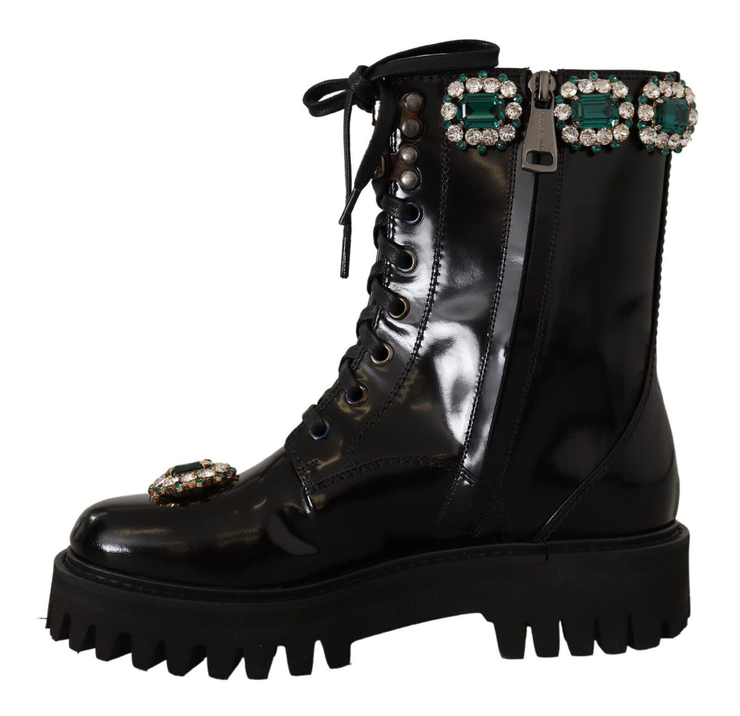 Elegant Mid-Calf Combat Boots with Crystals