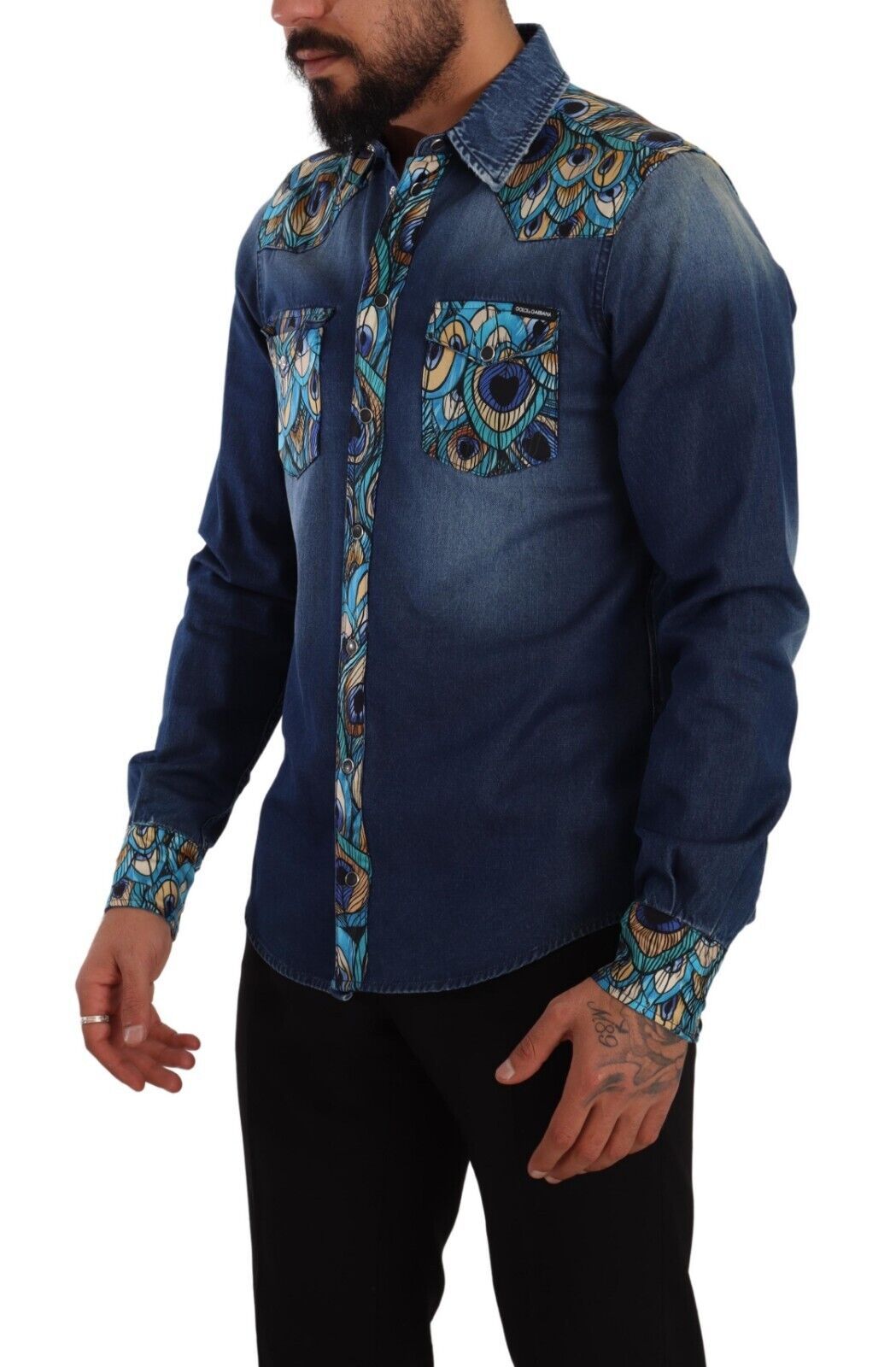 Peacock Print Cotton Denim Button-Down Shirt