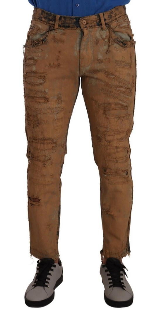 Brown Distressed Cotton Skinny Men Denim Jeans