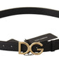 Black Leather Gold Metal DG Logo Waist Buckle Belt