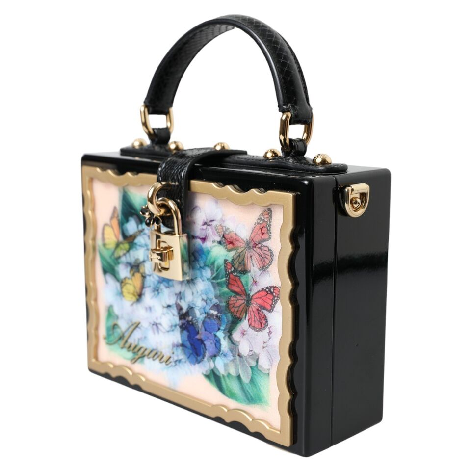 Elegant Floral Wood-Leather Box Bag with Gold Accents