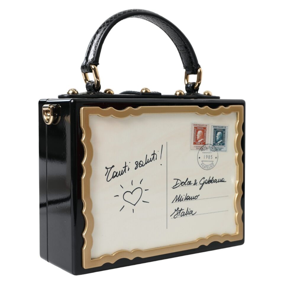 Elegant Floral Wood-Leather Box Bag with Gold Accents